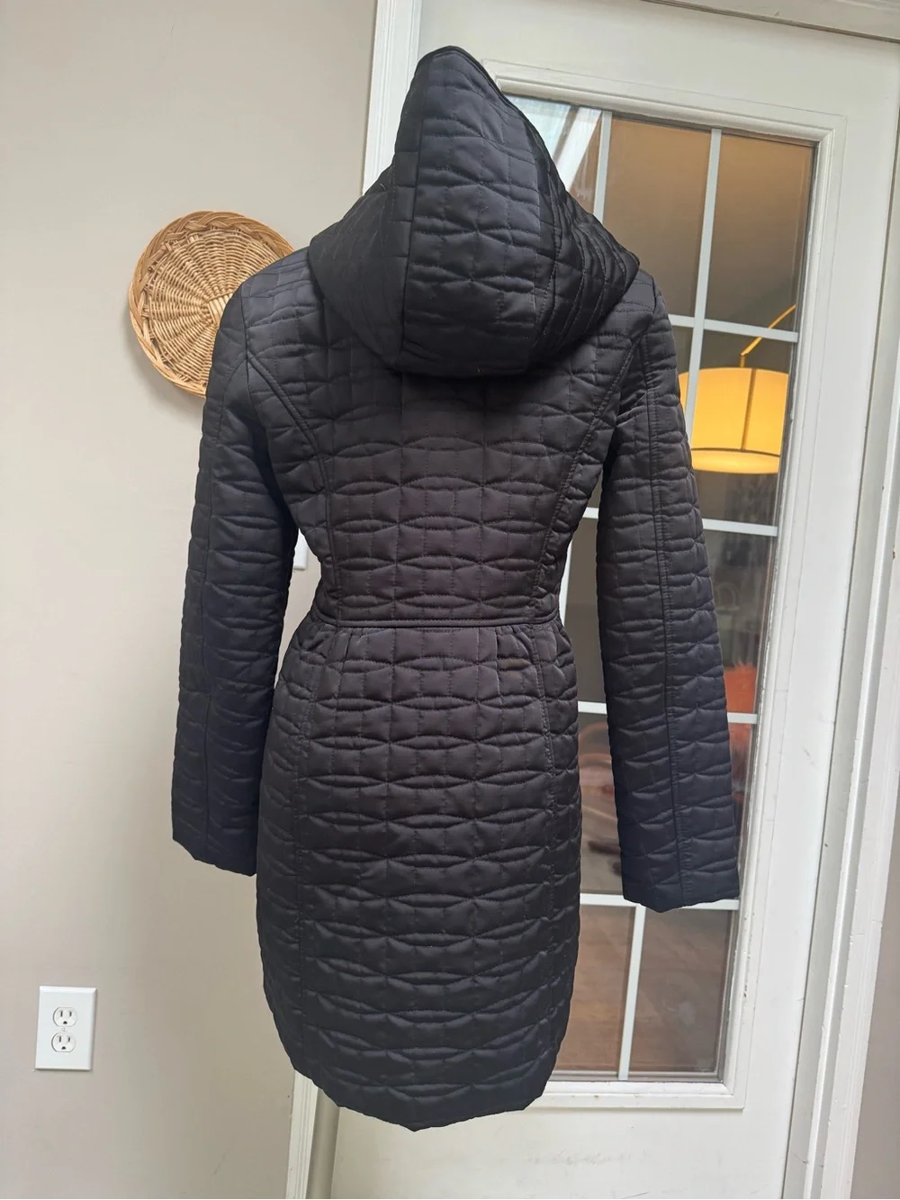 Kate Spade Black Quilted Hooded Puffer Coat Striped Lining Small